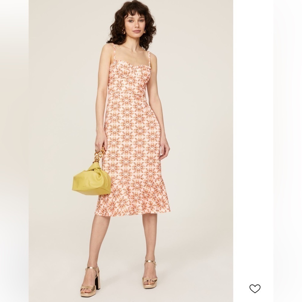 Slate & Willow Printed Ruffle Hem Cream Orange Midi Dress Formal Wedding Guest